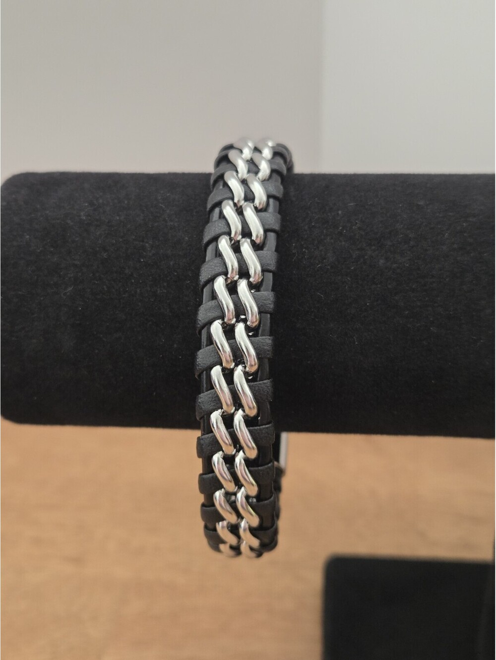 SERASAR Black Braided Leather Stainless Steel Bracelet 20cm Men's Gift Box